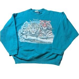 Vintage 90's L Large Habitat White Tiger USA Made Big Graphic Crewneck Sweater